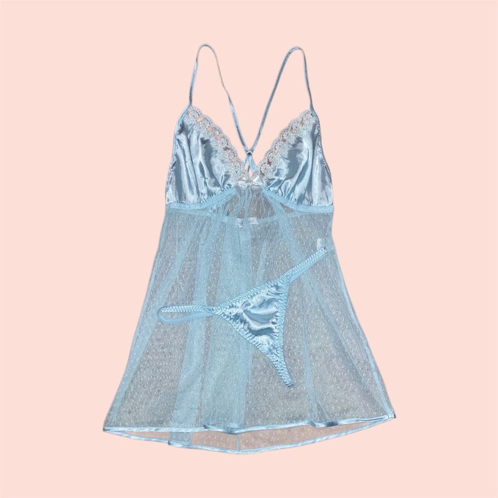Baby Blue Satin Babydoll & Thong Set